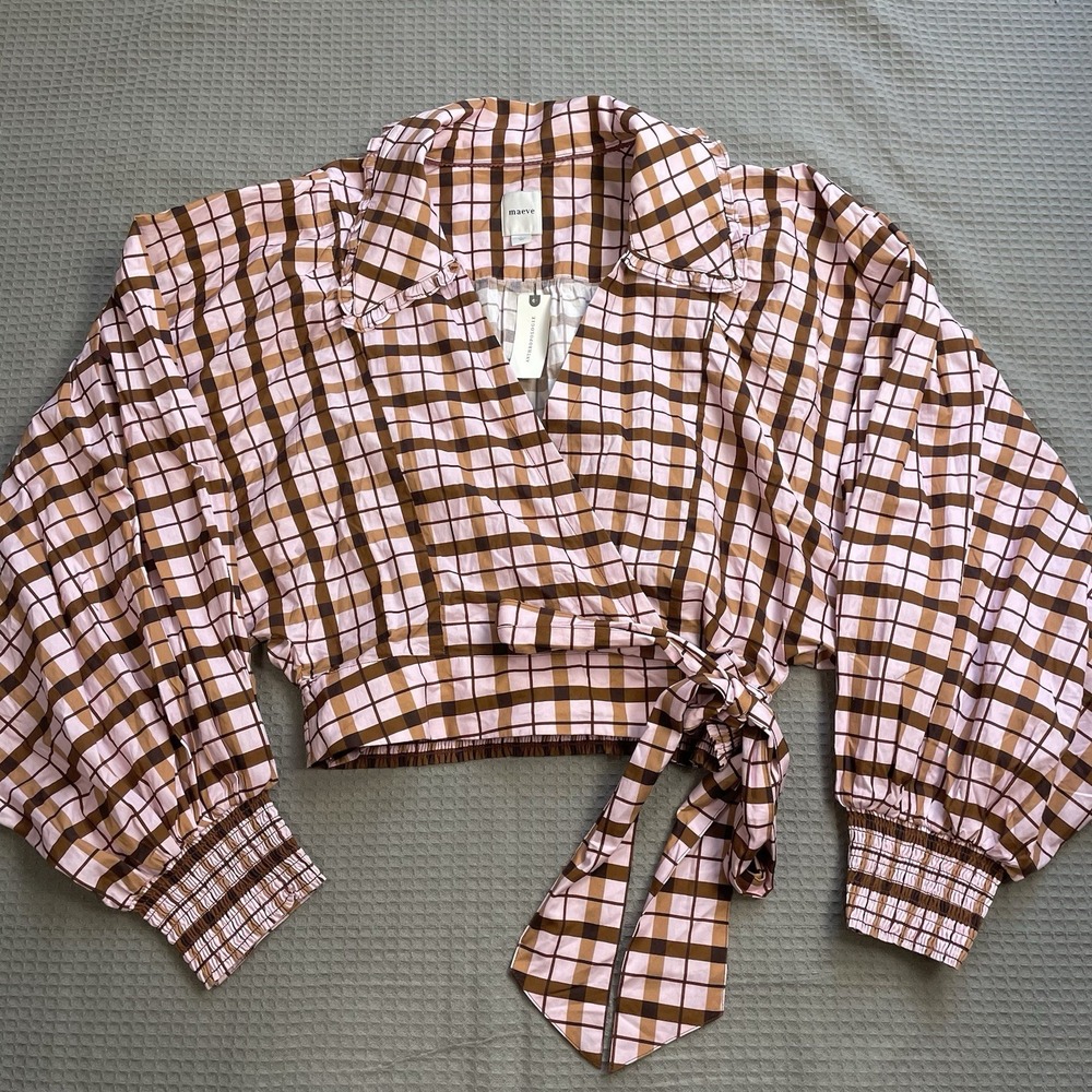 New Maeve Bubble Sleeve Wrap Babydoll Blouse Large Womens Pink Brown Plaid